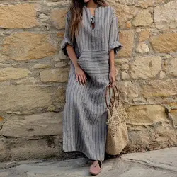 Women Dress Casual Loose Short Sleeve Cotton Linen Folds Boho Long Dress Summer Vintage Beach Holiday Street Dresses Female Robe