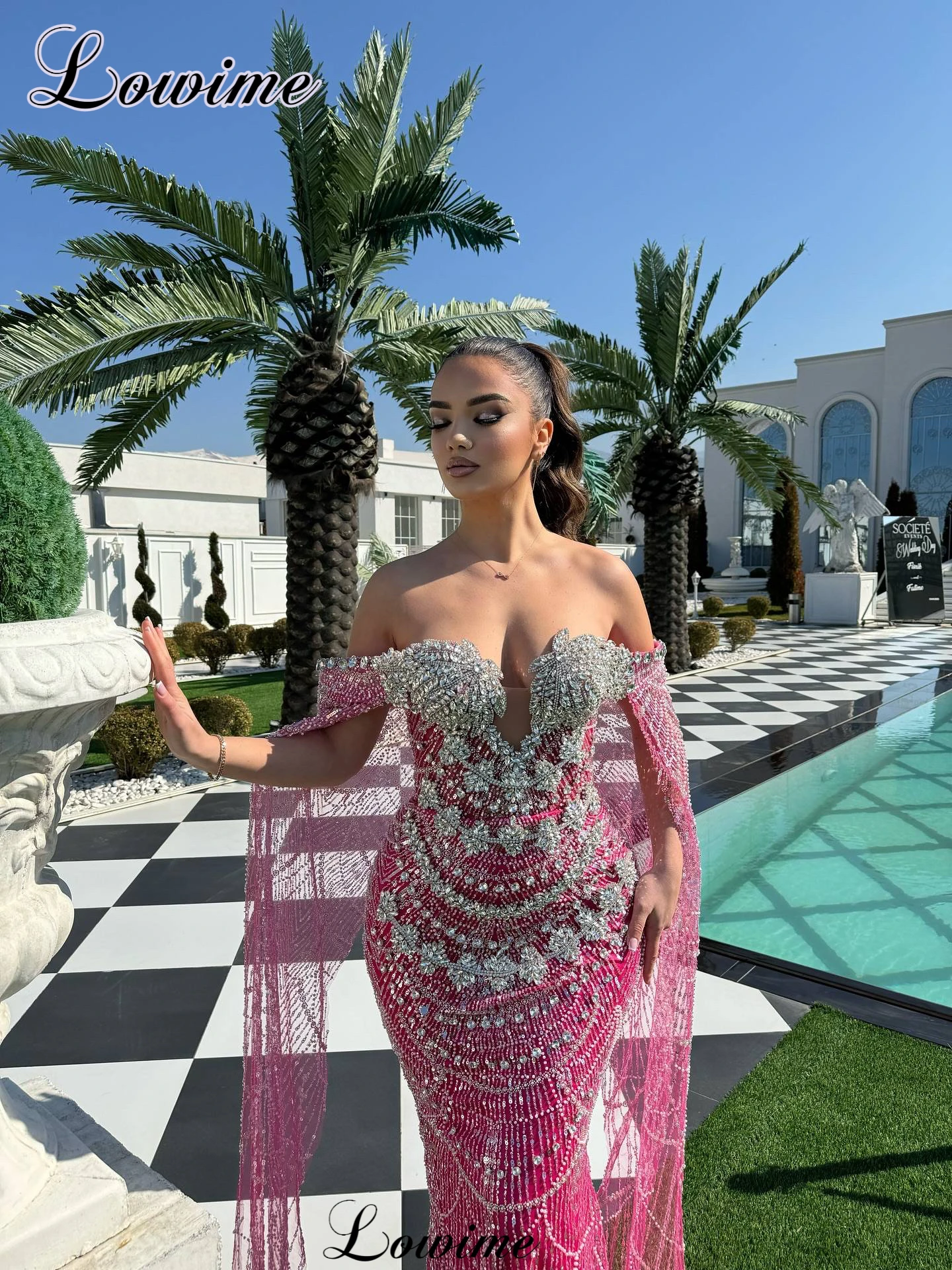 Rosa frisado vestidos de noite com cristais fora do ombro mangas compridas vestidos de celebridades vestido de festa de baile robes de soirée personalizado