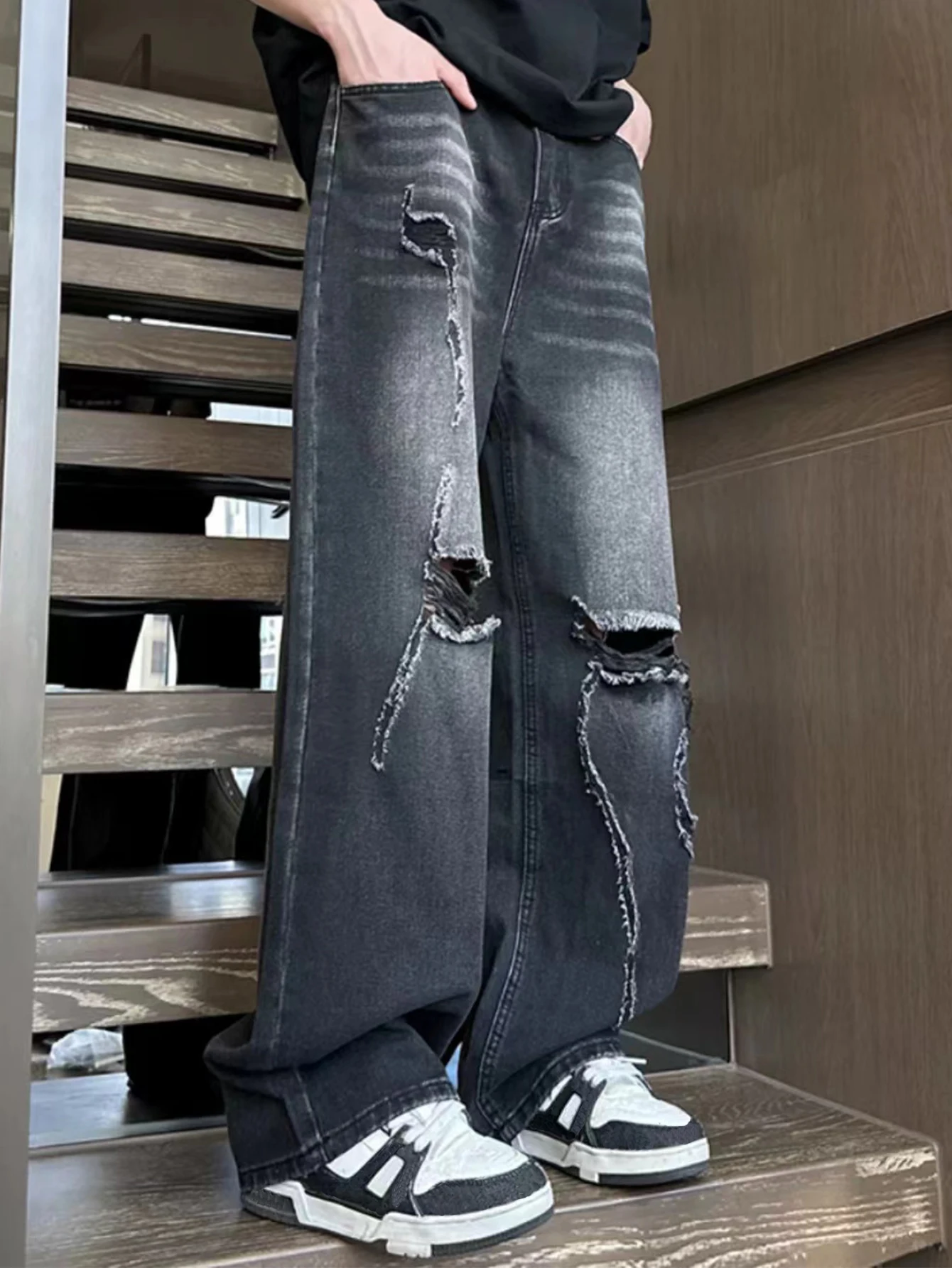 

Teenage Boys' Preppy Vintage Wash Ripped Design Casual Straight-Leg Loose-Fit Wide Leg Jeans