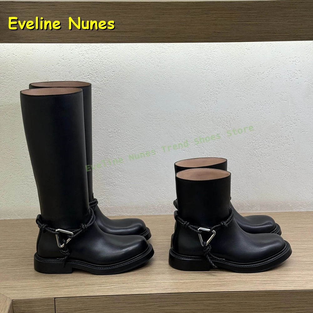 Metal Triangle Buckle Knee High Boots Round Toe Chunky Heels Pull On Weaving Rope Decoration Women Fashion Long Boots 2025 Trend