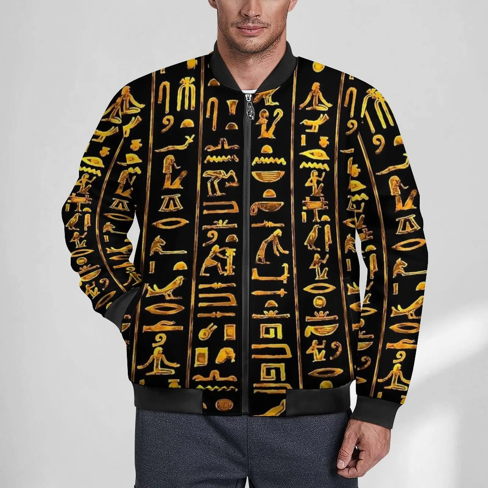 Ancient Egyptian Art Hieroglyphs Jackets Mens  Winter Coats Retro Zipper Casual Windbreakers Custom Outerwear Jacket Large Size