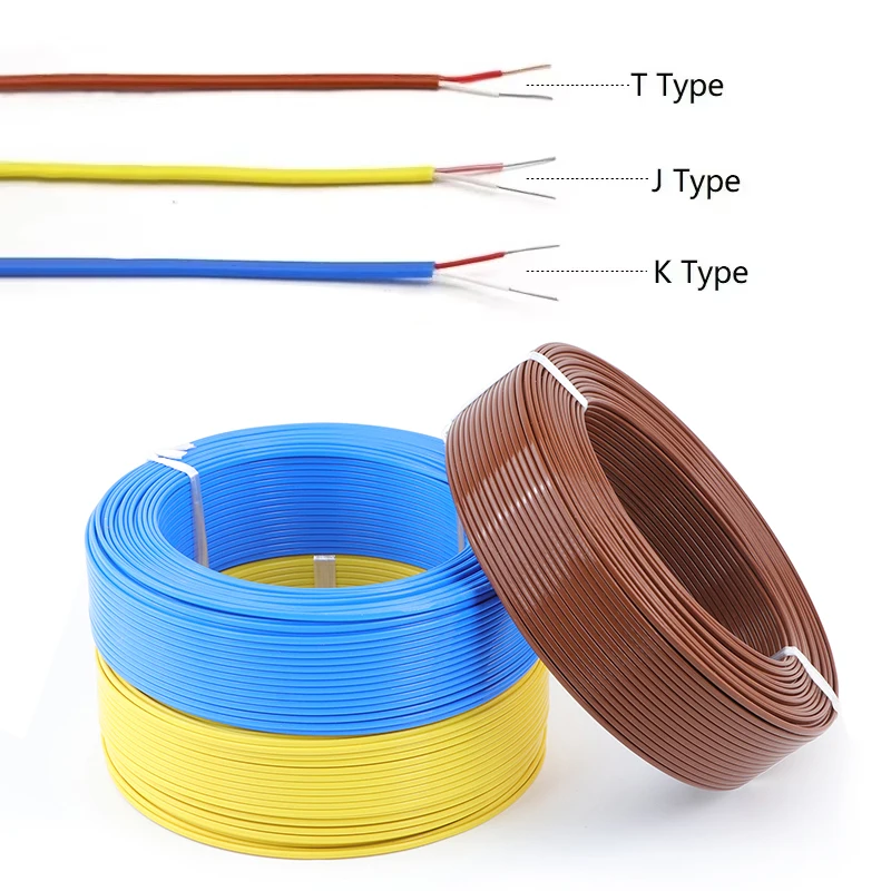 5/10/50/100m Thermocouple Wire 2 Cores K J T Type High Temperature Measuring Compensation Cable PTFE Insulator Electronic Line