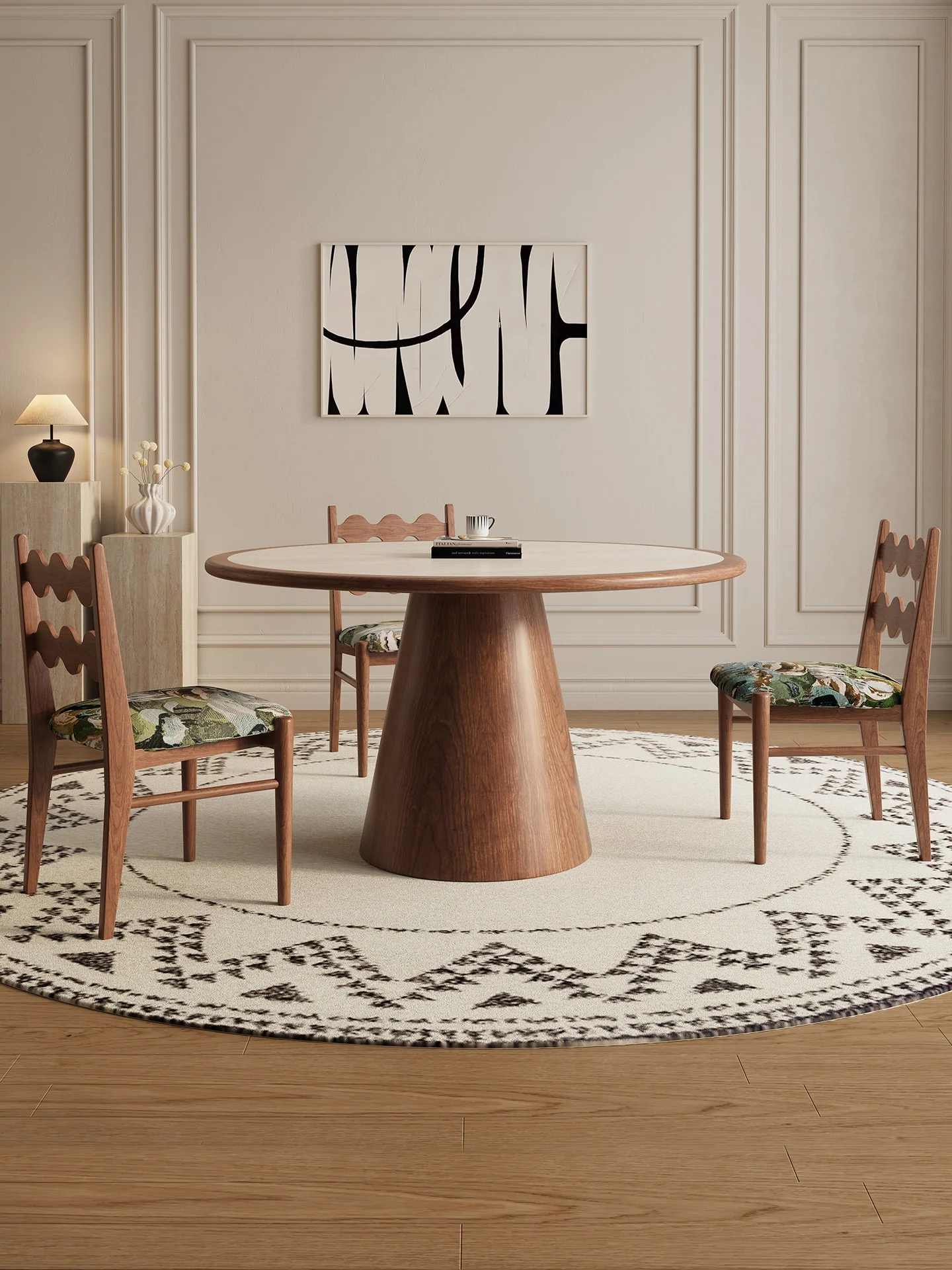#Premium Delifeng Round Dining Travertine Slate Solid Wood 6-Seater Mid-Century Style Walnut Cream Color Assembly Required