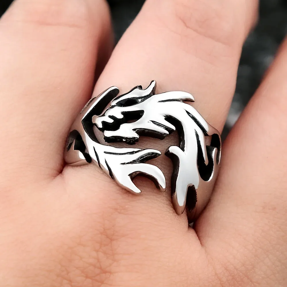 Vintage Hollow Dragon Band Ring For Men Stainless Steel Cutout Dragon Totem Ring Gothic Punk Rider Accessory Birthday Gift