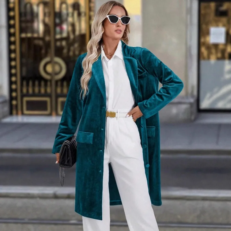 

Luxury Vintage Velvet Trench Coat New Loose Turn-Up Collar Long Sleeves Casual Single-Breasted Long Blazer Coat Women's Jacket