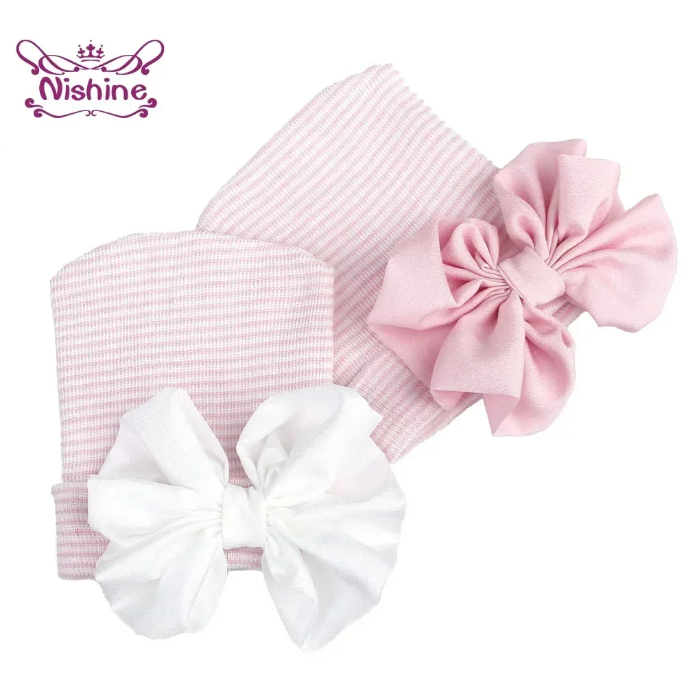 Nishine Newborn Baby Girl Chiffon Bowknot Hat Infant Big Bow Cap Kid Stripe Knitted Bonnet Toddler Hair Accessories Photo Props