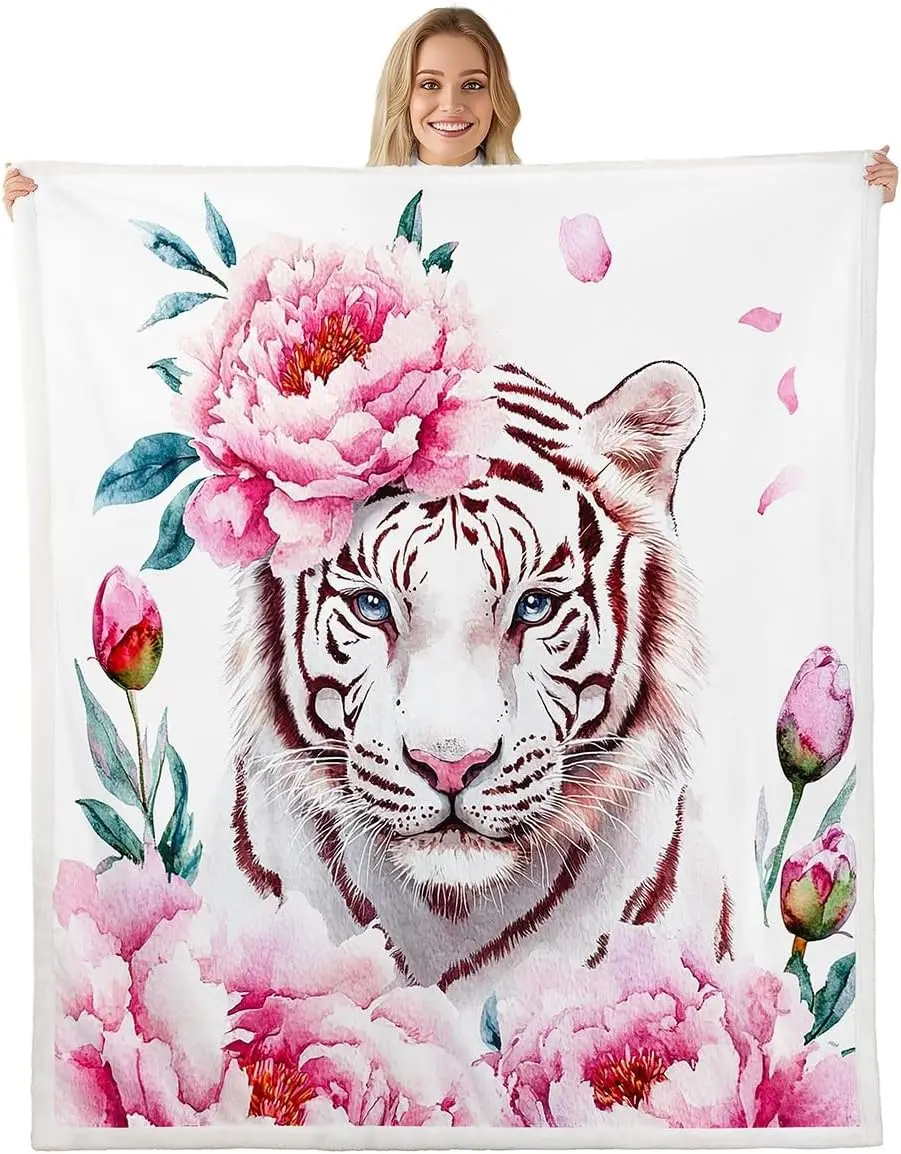 White tiger peony floral blanket animal art soft throw cozy home decor pink flowers wild cat print bedroom wall hanging