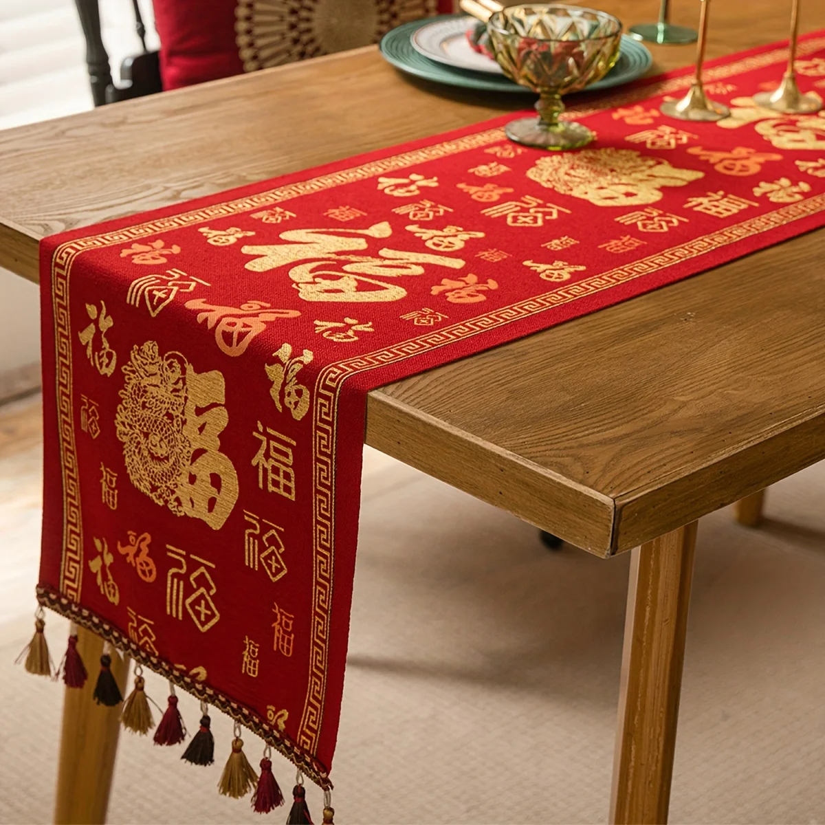 1pc Elegant Red Chinese Table Runner with Golden 