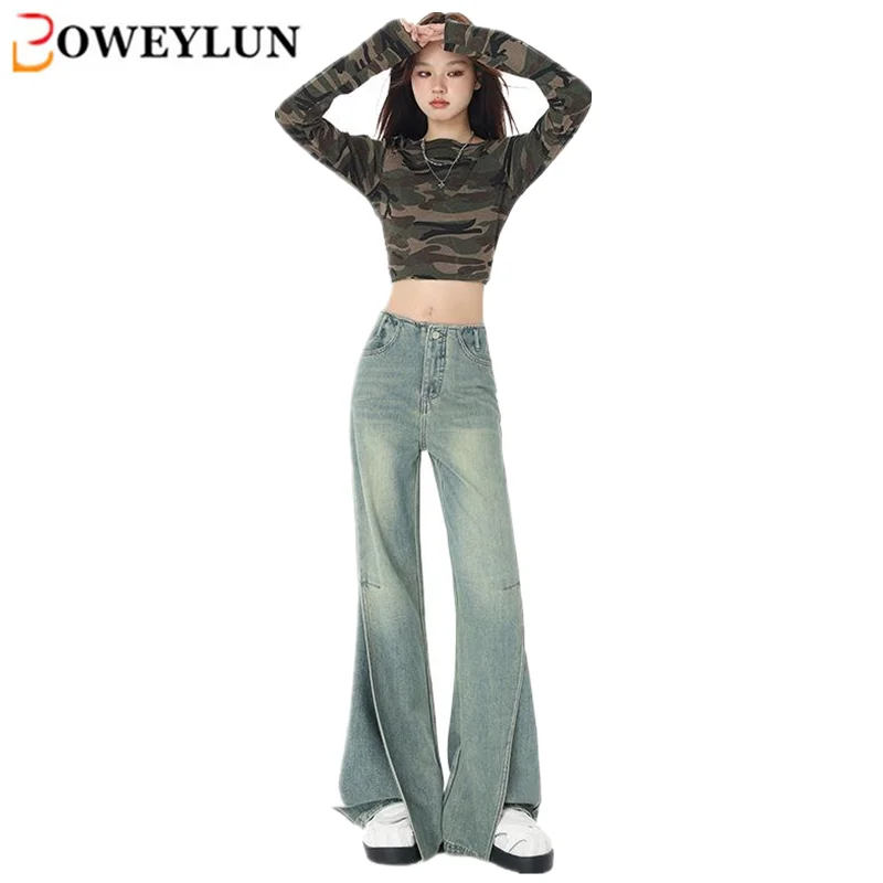 Boweylun High Waisted Slit Micro Flared Jeans for Women Autumn Loose Straight Leg Full Length Pants Female