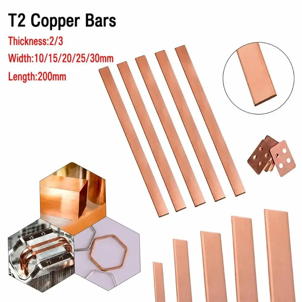 New Thickness 2/3mm Copper Flat Bar Length 200mm High Purity Copper Bar Stock T2 Pure Coppers Flat Electroplating