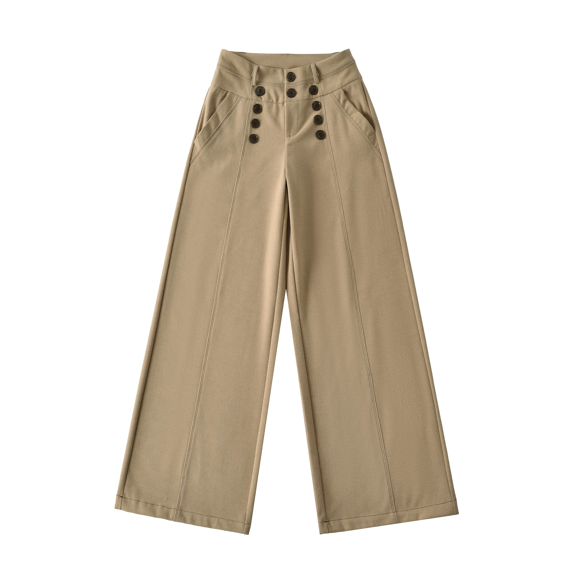 

High Waist Wide Leg Trousers For Women Double Breasted Button Detail Side Pockets Relaxed Wear Daily Stylish Casual Pants RZB1