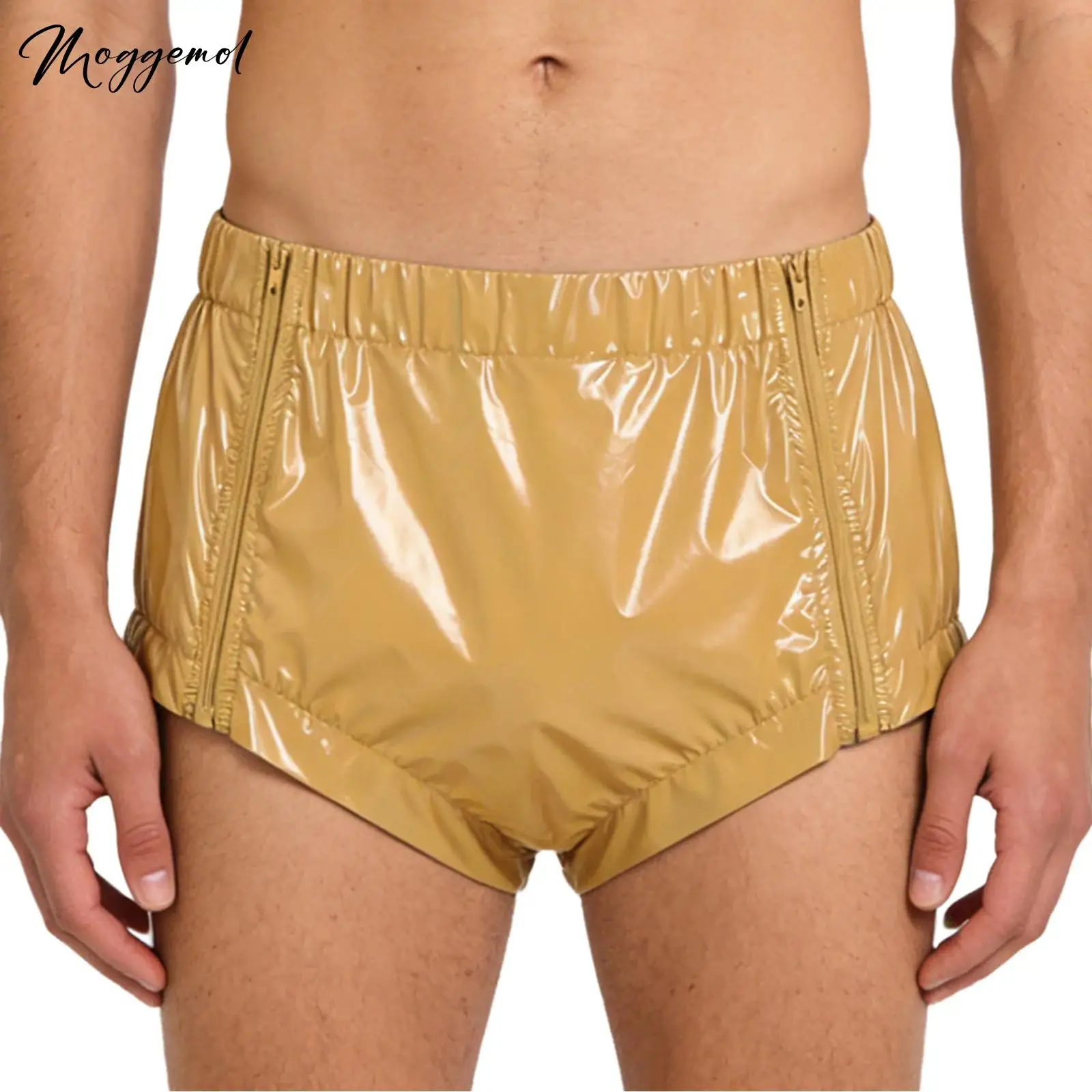 Mens Zipper Front Boxers Special Needs Clothing Adult Diaper Covers Reusable Plastic Panites Pvc Wet Look Solid Color Briefs