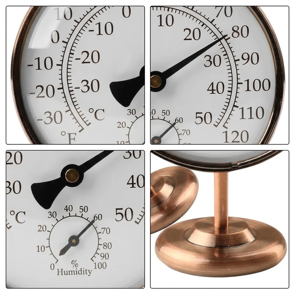 Dual Scale Analog Thermometer Hygrometer with Brass Shell and Stand for Indoor Temperature and Humidity Measurement