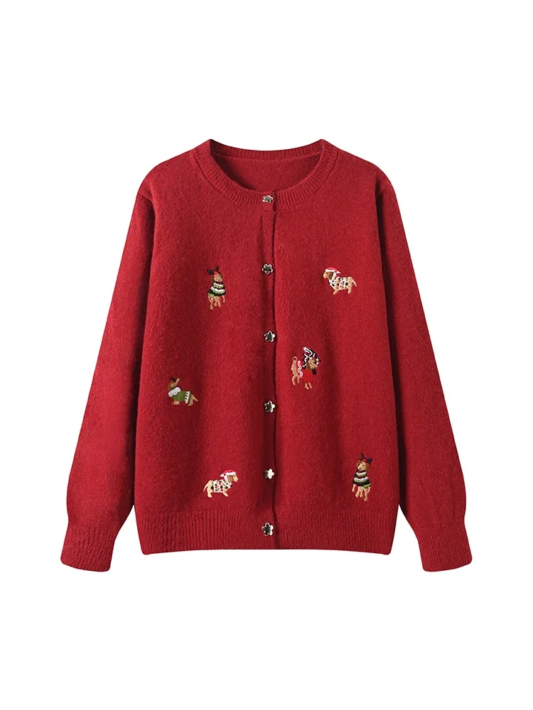 

plus Size Women's round Ne Long Sve Knitwear Casual Sle Faionable Meat Concealing Red Top for Early Spring