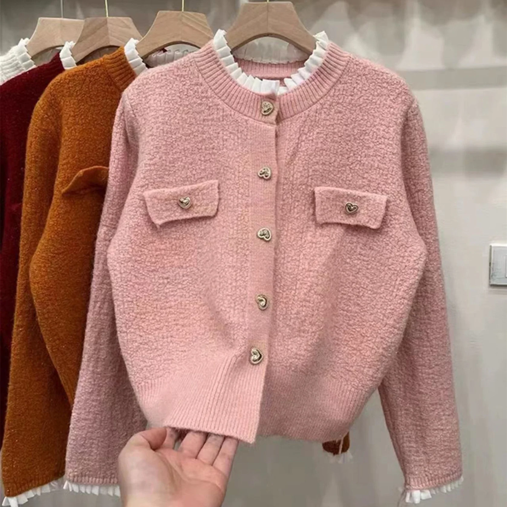 French Love Ear Knitted Cardigan Women 2024 Korea Autumn Winter Love Splicing Lace Sweet Single Breasted Sweater Luxury Coat New