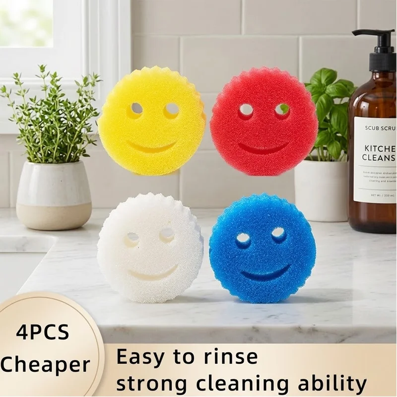 Lot de 4 éponges à vaisselle en forme de visage souriant, tampons à récurer puissants, éponge miracle pour cuisine et salle de bain, résistante aux taches et aux odeurs, lingette magique