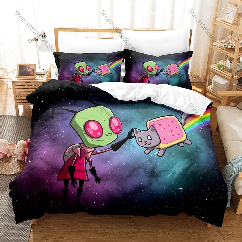 Rainbow Alien Nyan Cat Meme Duvet Cover Set 1 Duvet Cover + 2 Pillowcases Cute Internet Cartoon Bed Linens Gift Home Textile