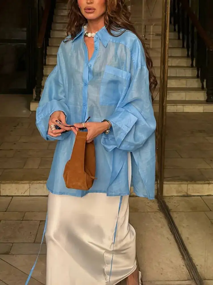 Fantoye Herfst Nieuwe Turn-down Kraag Vrouwen Blouses Blauw Lange Mouw Single Breasted Blouses Vrouwelijke Losse Casual Streetwear 2025