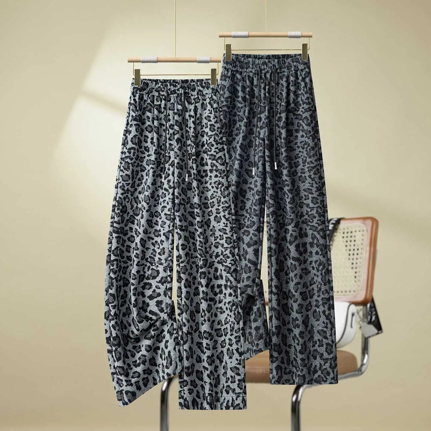 

Новые женские шерстяные брюки-палаццо с леопардовым принтом, свободного кроя, повседневные, с высокой талией, прямого кроя, для осени и зимы