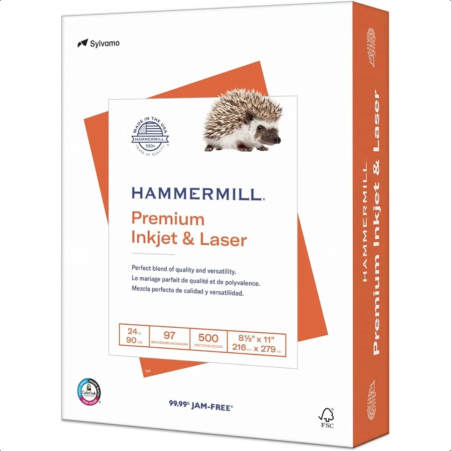 

Printer Paper Premium Inkjet and Laser Paper 24 Lb 8.5 x 11 1 Ream 500 Sheets 97 Bright Made in the USA 166140R