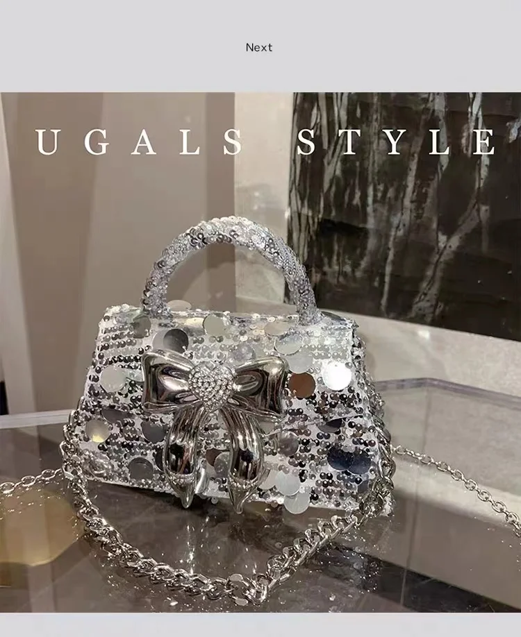 Glitter Shiny Sequins Square Bag Fashion Metal Bow Knot Evening Bag Women's Handbag Wedding Party Clutch Purse Crossbody Bag