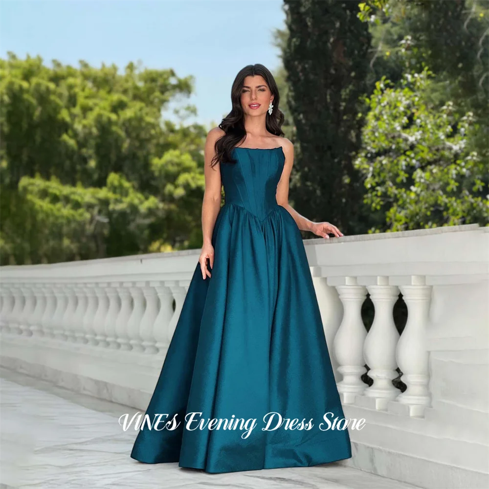 

VINES Teal Blue Strapless Evening Dress A Line Elegant Formal Gown Floor Length Night Dresses Satin Prom Dresses Customized