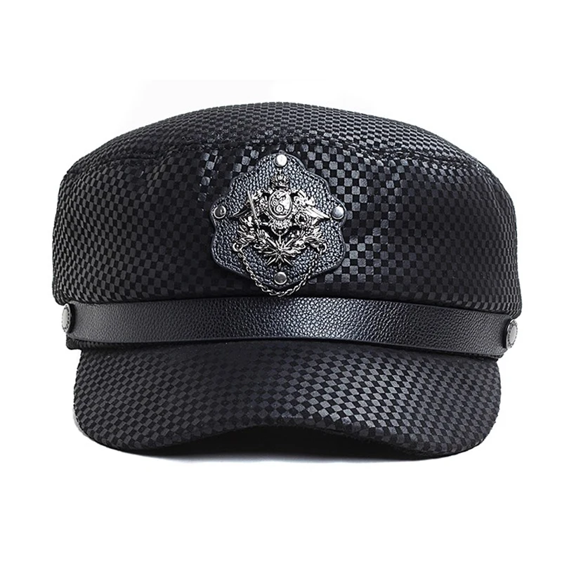 High Quality Real Leather Unisex Military Hat Winter Warm Outdoor Hat Elegant Man Cap British Vintage Print Sheep Leather Hat