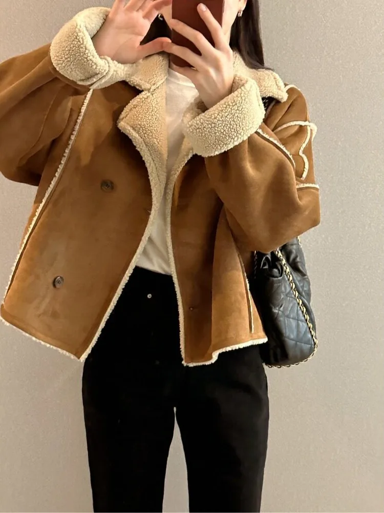 Retro Suede Coat Women's Hong Kong Style Double Breasted Suit Collar Winter New Arrival Chic Lightweight Luxury Coat