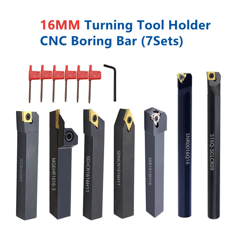 SANAI 7 Sets of 16mm CNC Lather Turning Tool Holder Boring Bar Set With Carbide Inserts for Metal Machining Combined Cutting