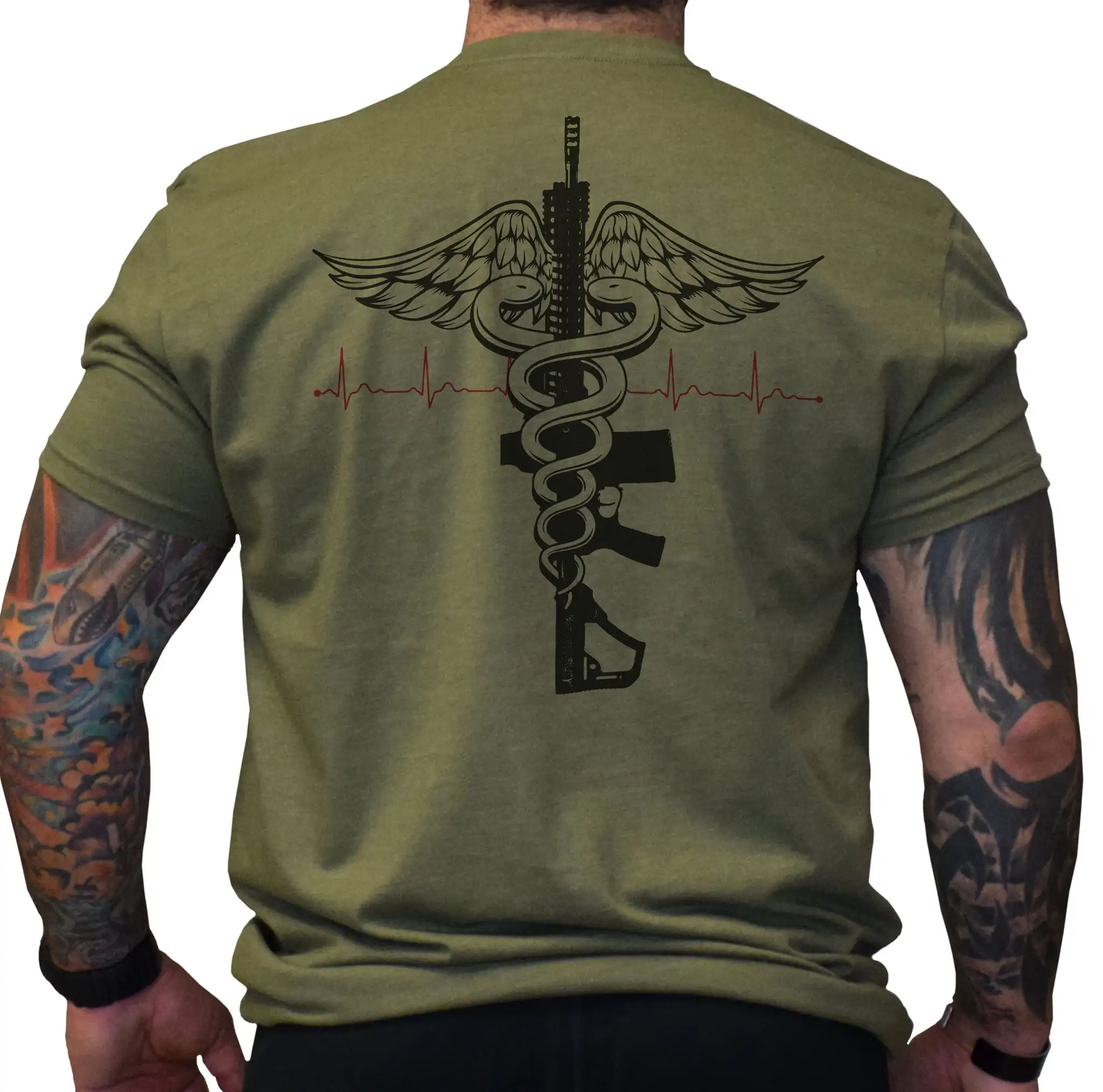 Men Summer US Combat Medic Tactical Caduceus Print O‑Neck T‑shirt Casual Short Sleeve Tops For Daily Outdoor Wear