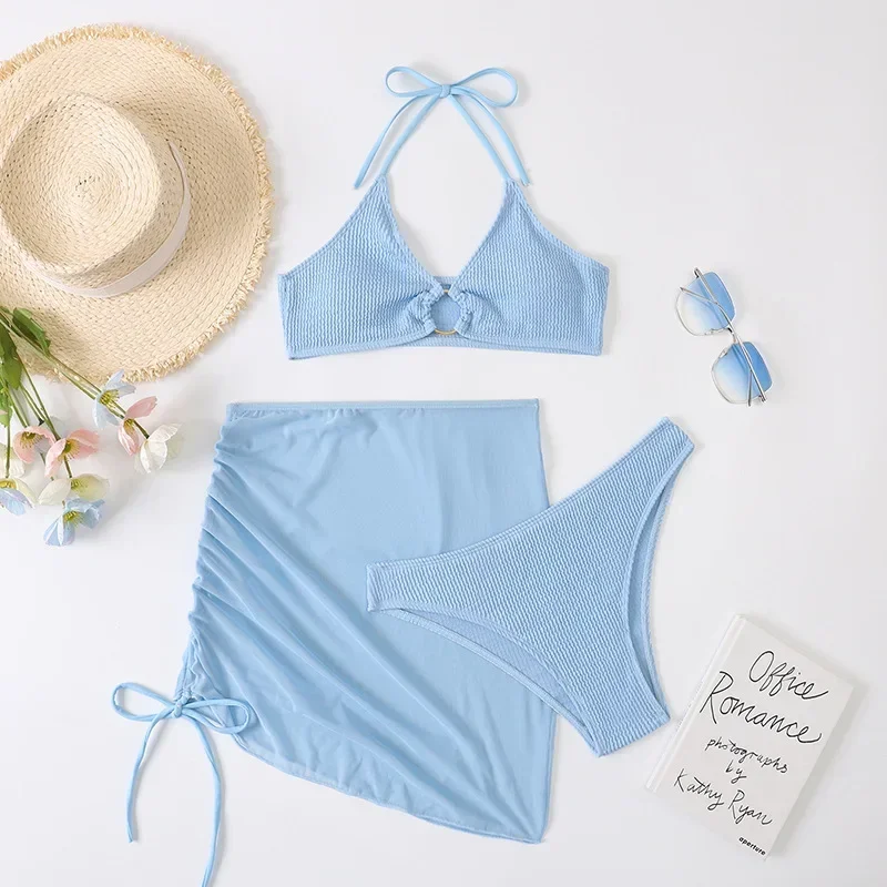 Sexy Light Blue Ribbed Halter Bikinis Set 3 Piece Swimsuits Women 2026 Swimwear with Drawstring Sarong Bikini Mujer Beachwear