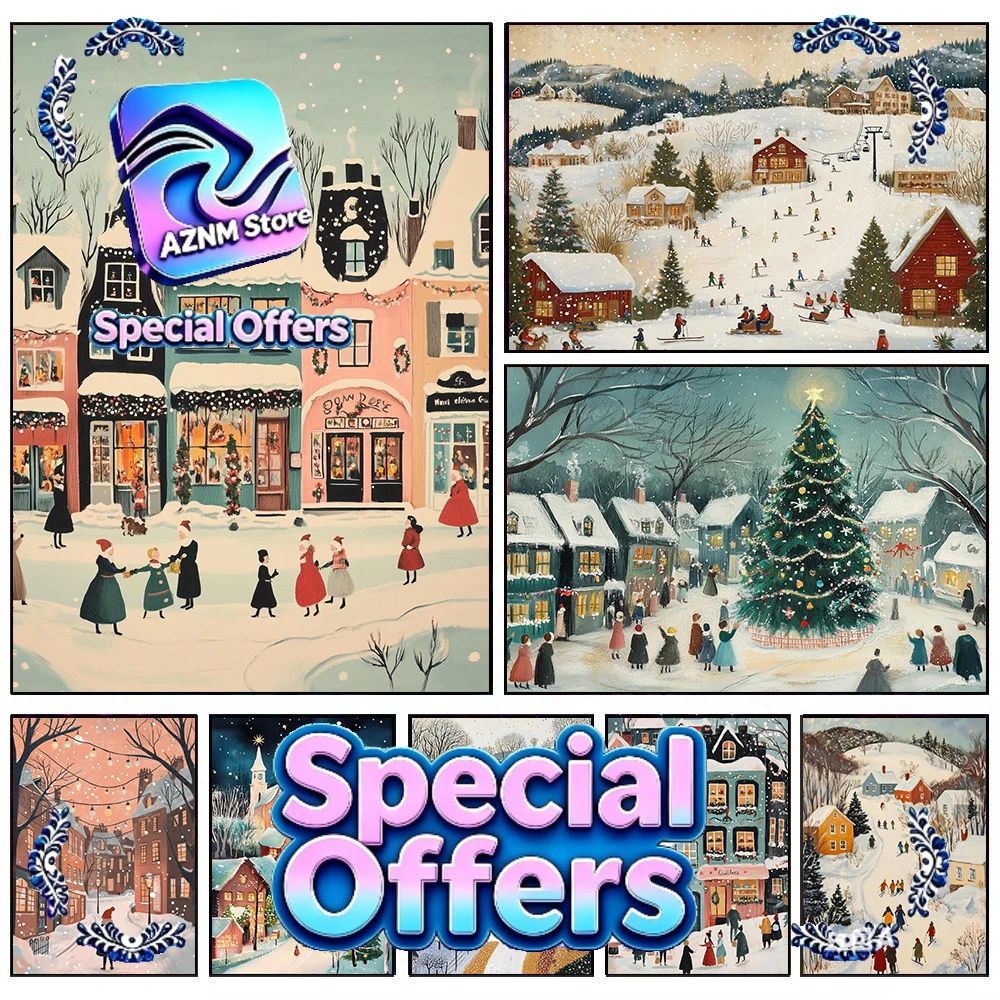 Affiche sur toile Paysage de village hivernal enneigé de Noël, Décoration murale pour la maison et la ferme