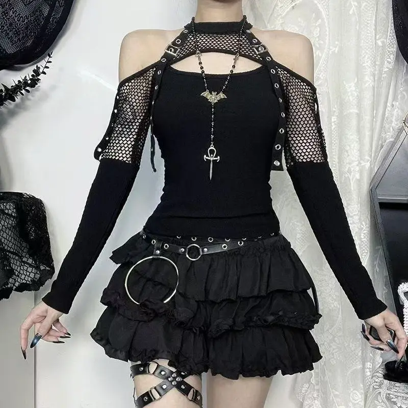 Open Shoulder T-Shirt Goth Dark Punk Grunge Fishnet Trim Corn Strap Halter Tops Kpop Streetwear Gothic Clothes Hollow Tshirt
