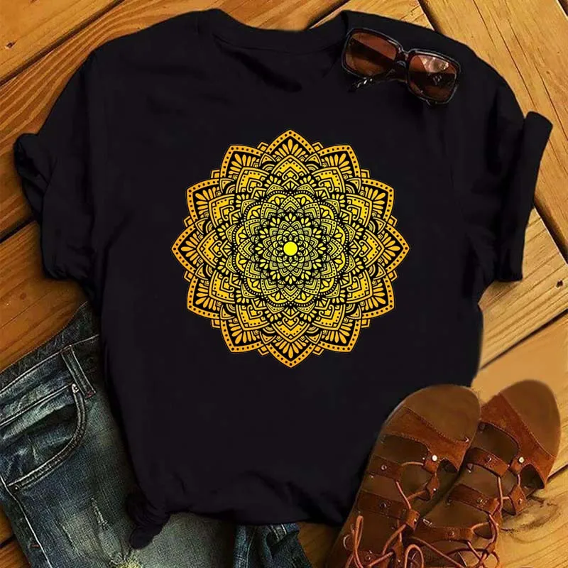 Maycaur New Mandala Floral Printed T Shirt Women Casual Fashion T-shirt Loose Short Sleeve 90s Girls Aesthetics Black Tshirt Top