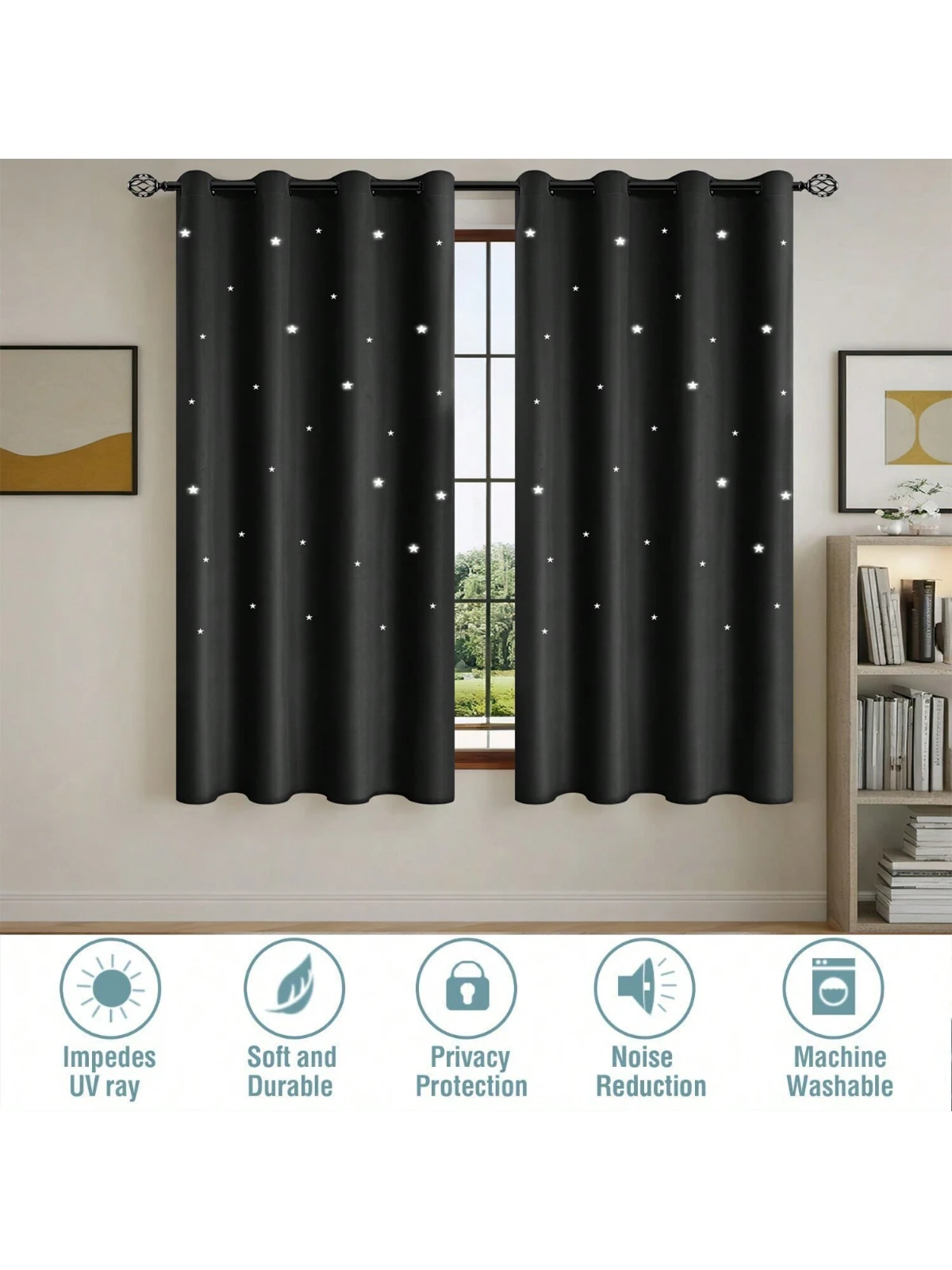 1pc Romantic Hollow Star Blackout Curtains, Full Light Blocking Textured Window Curtains for Bedroom, Living Room