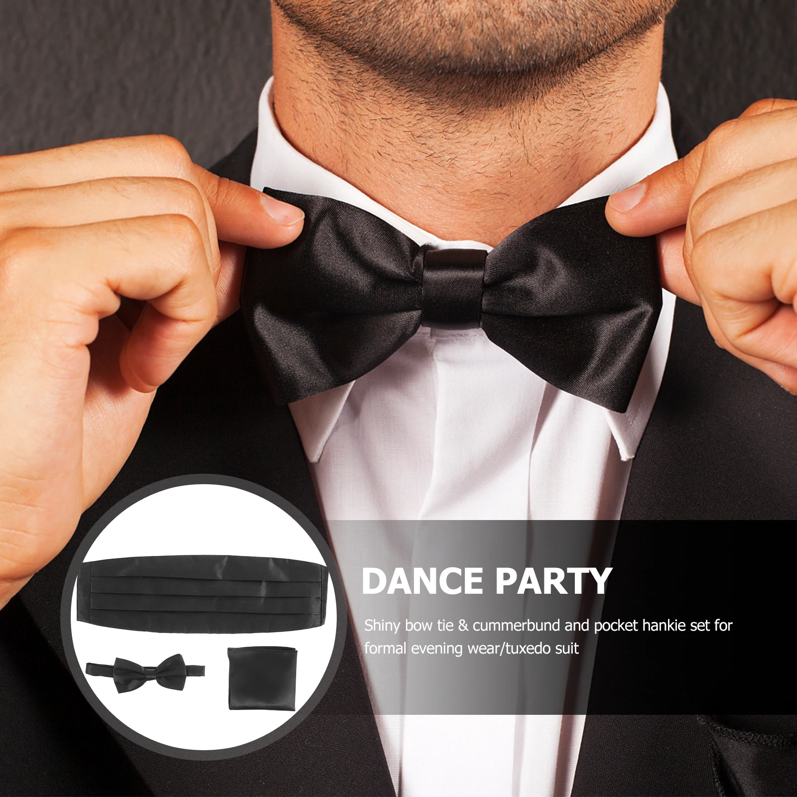 

3pcs Satin Bow Tie Cummerbund Men'S Handkerchief Black Handkerchief Set Formal Tuxedo Accessories Adjustable Clip
