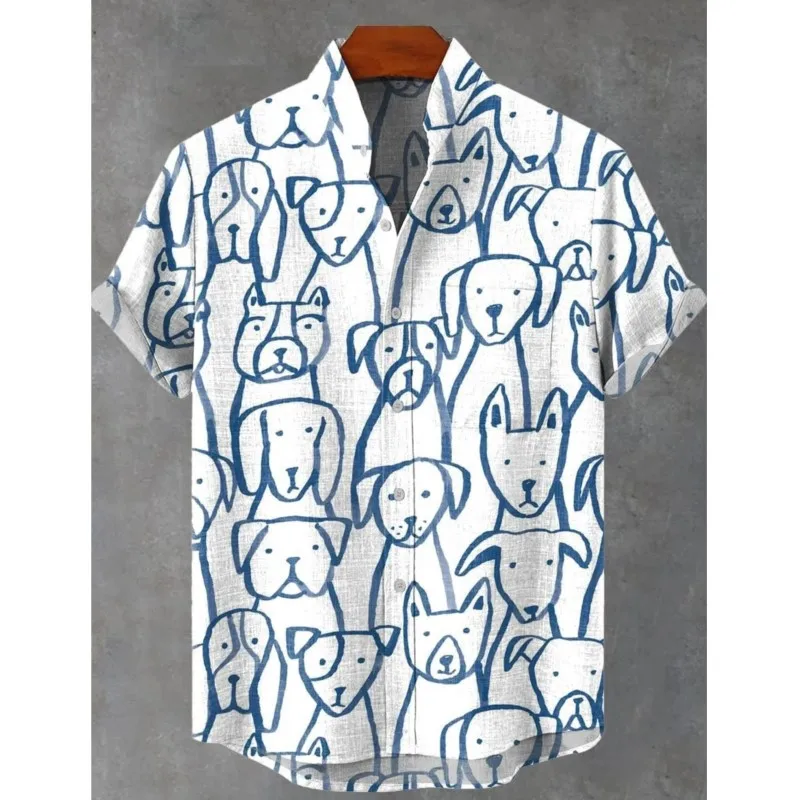 Men's New Cartoon Puppy Elegant Artistic Pattern Linen Fabric Short Sleeved shirt, Summer Casual Top Suitable For Vacation