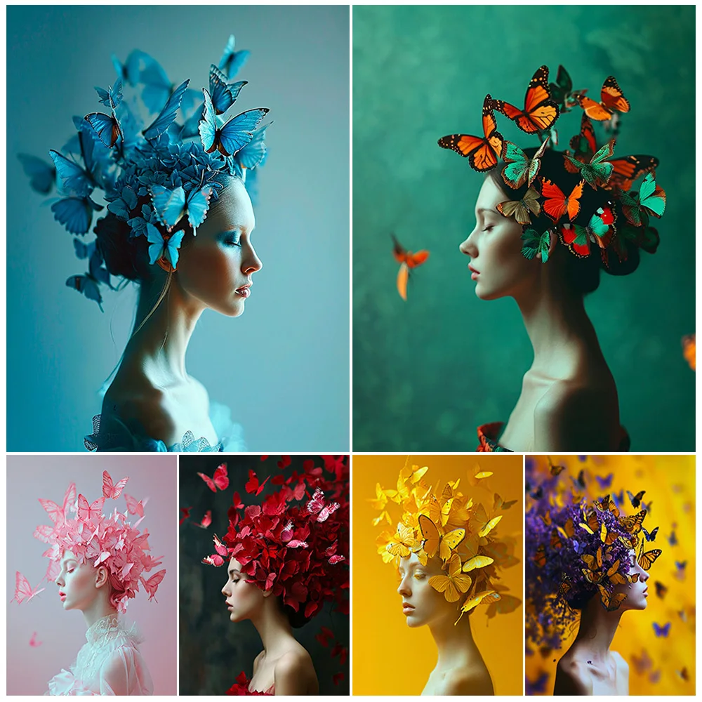 

Modern Girl Sexy Woman Butterfly Headwear Poster Wall Art Canvas Painting Home Decor Wall Pictures For Living Room Unframed