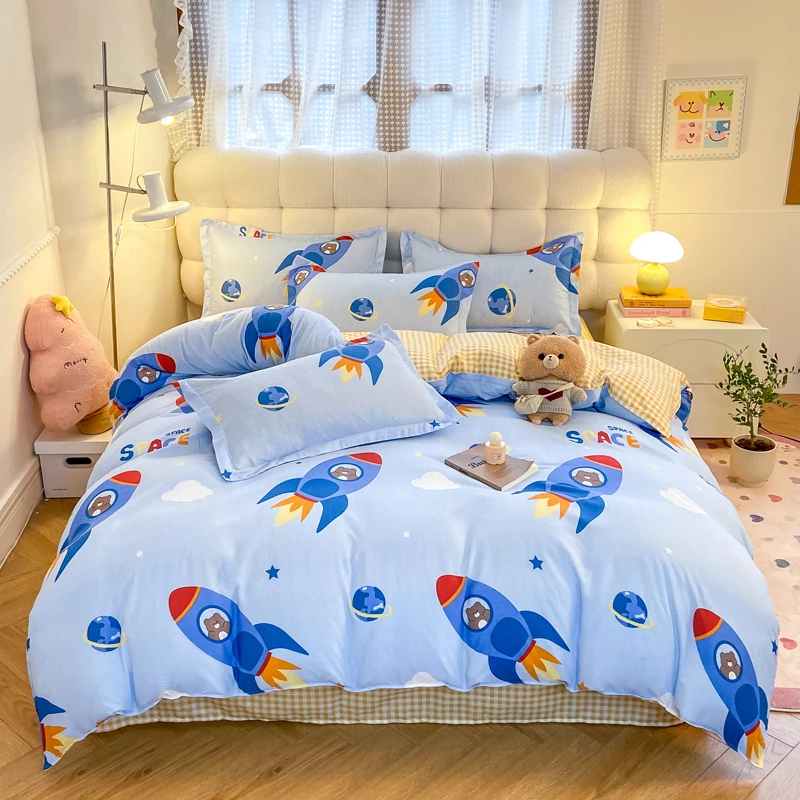 Cartoon Rocket Duvet Cover Set for Kids Boys Girls Teens Space Star Constellation on Blue Comforter Covers Zipper 4pcs Bedding