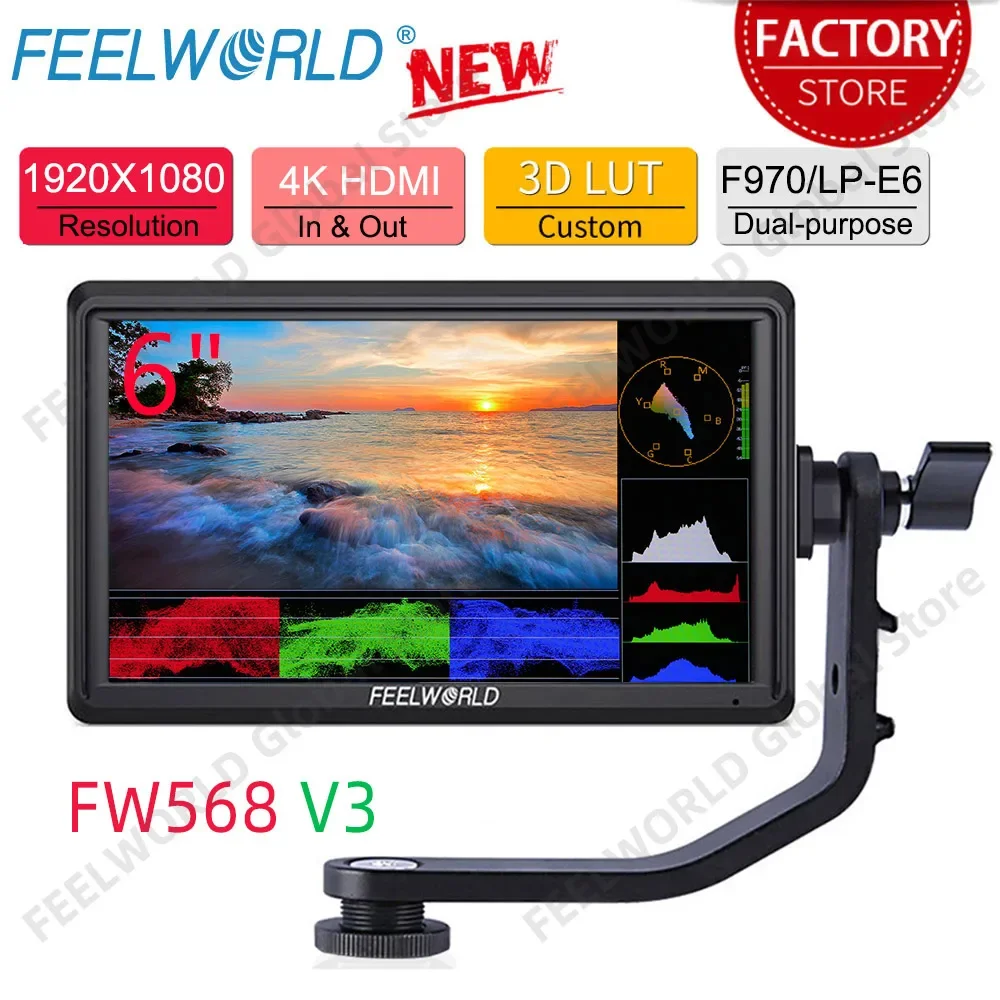 

FEELWORLD FW568 V3 6 Inch DSLR Camera Field Monitor with Waveform LUTs Small Full HD 1920x1080 IPS 4K HDMI Input Tilt Arm