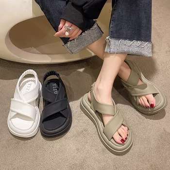2024 새로운 스타일 여성 샌들 여름 겉옷 두꺼운 바닥 출산 부드러운 두꺼운 바닥 스포츠 로마 샌들 