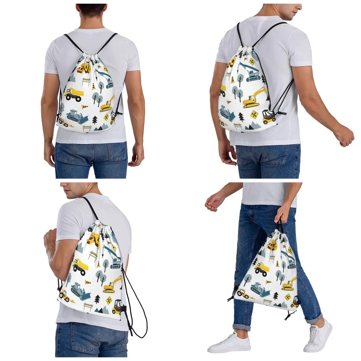 Blue Construction Trucks & Site Theme Pattern Backpacks Multi-function Drawstring Bags Sundries Bag Book Bags for Travel School
