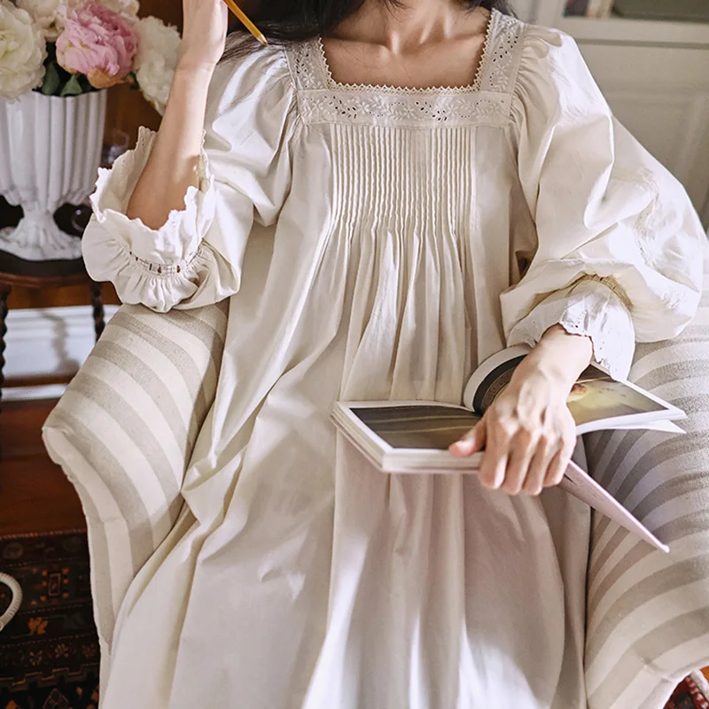 

100% Cotton Loose and Sweet Nightgowns Lace Home Sleepwear Nightdress for Women Pinkgoddes Spring and Autumn