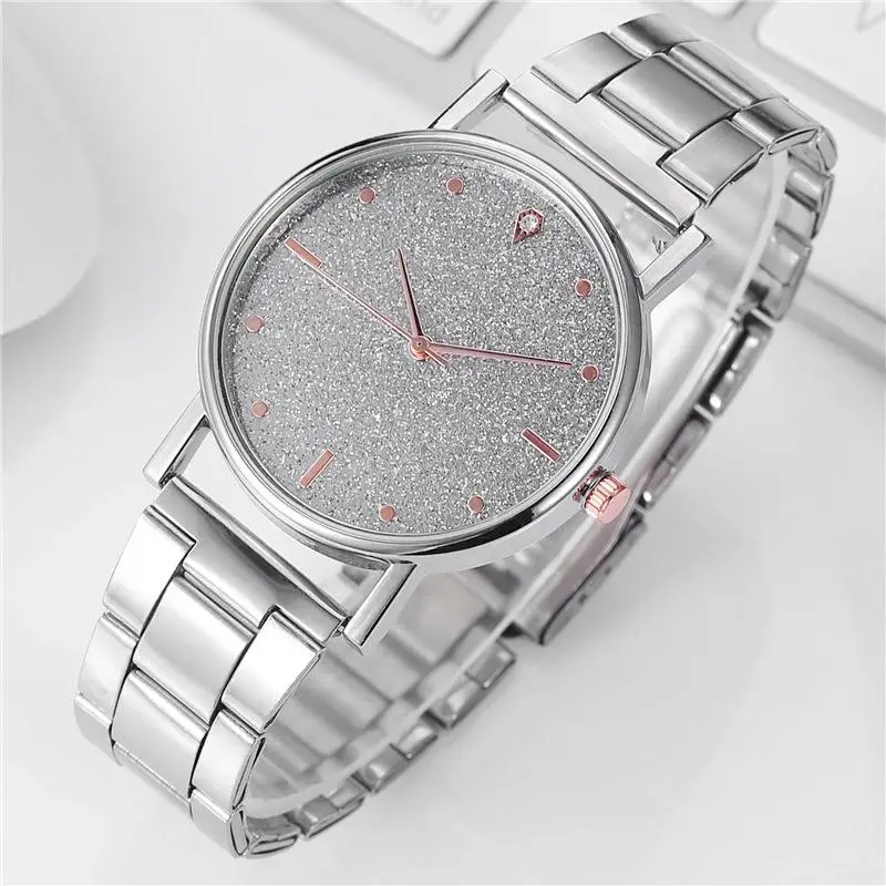 

New starry silver pink face stainless steel band women's full sky quartz watch