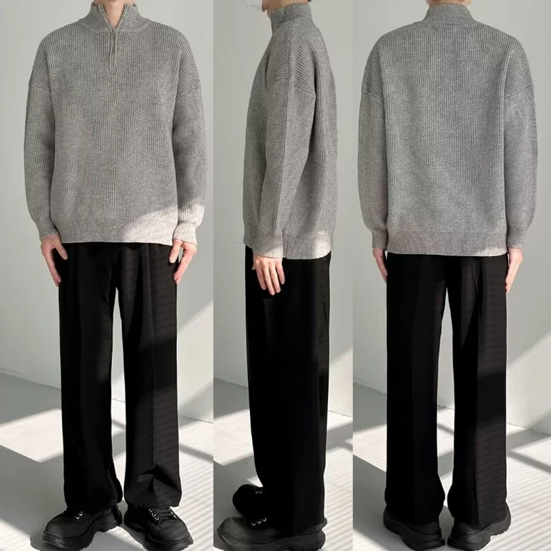 하프 지퍼 하이 칼라 남성 니트웨어 스웨터 가을 솔리드 컬러 니트 풀오버 일본 하라주쿠 스웨터 스트리트웨어 풀오버