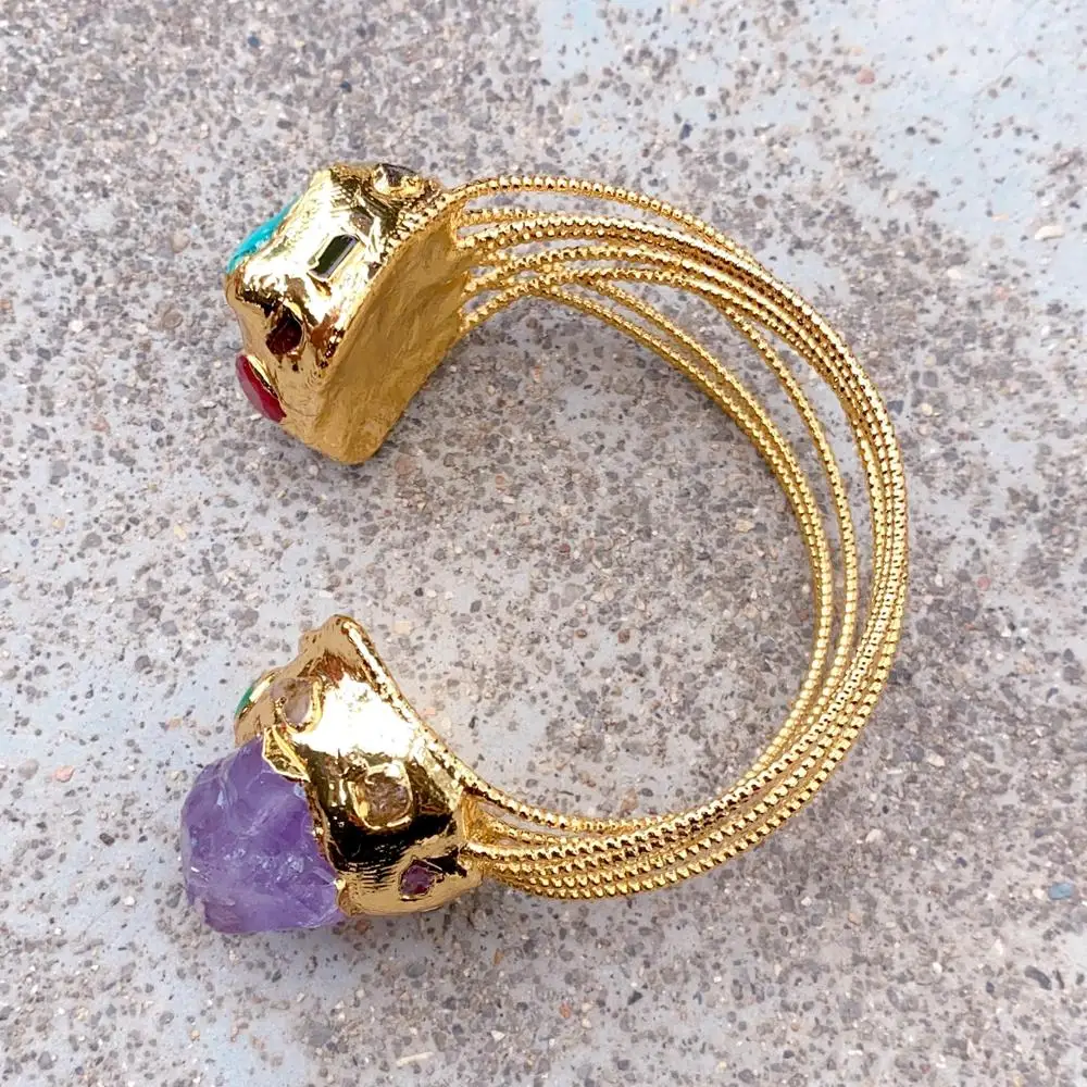 YYGEM Natural Purple Amethyst Druzy Green Turquoise Gold Plated Bangle Bracelet