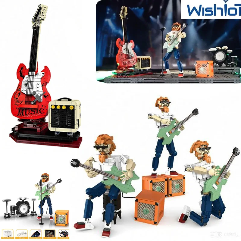 

Конструктор Rock Bluetooth Guitar Singer MOC с управлением через приложение, воспроизведением музыки по Bluetooth, сборные игрушки, модель из кирпичиков, подарки для самостоятельной сборки