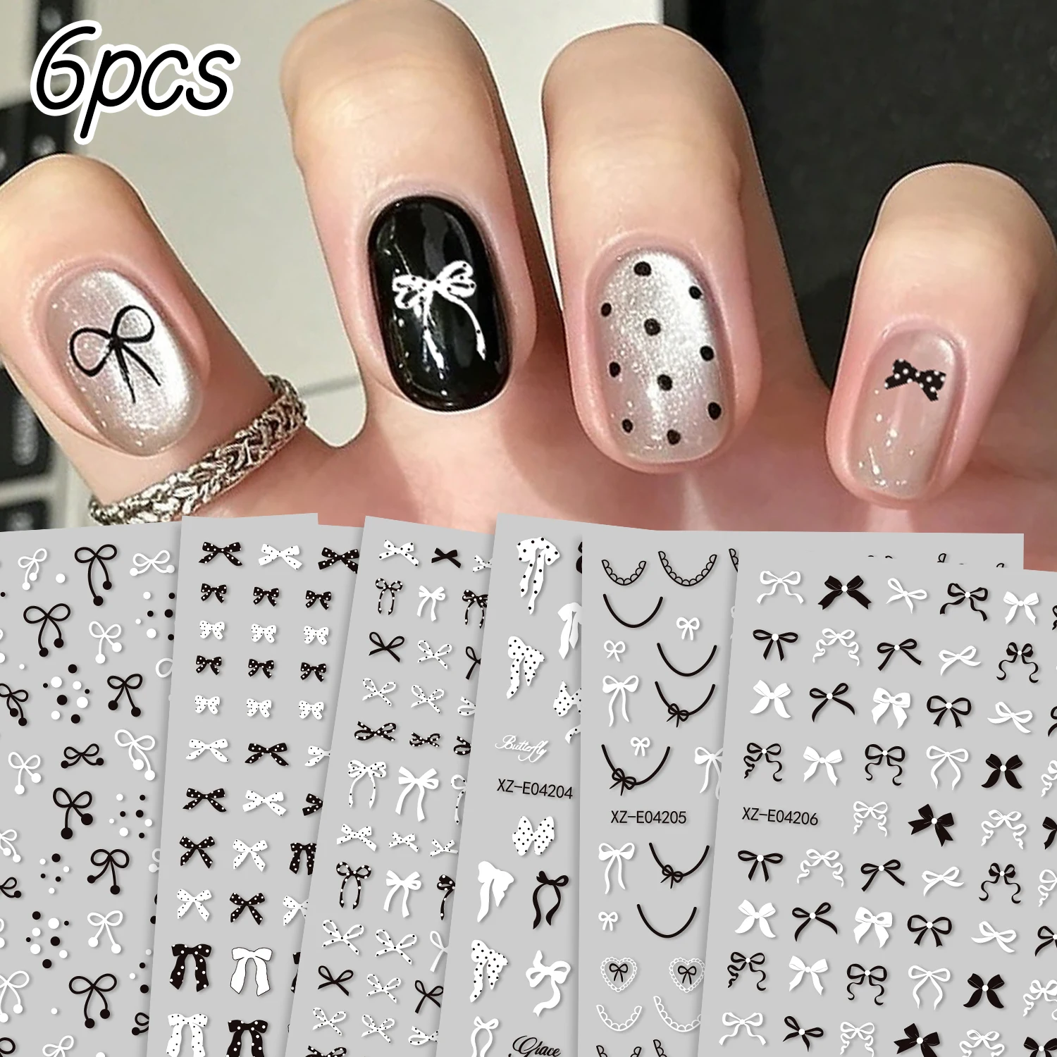 6 Stück 3D Metallic Silber Nagelaufkleber Unregelmäßiges Leoparden-/Stern-/Kurvenlinien-Design Nagelkunst-Abziehbilder Y2K Abstrakte Linien Maniküre-Dekoration