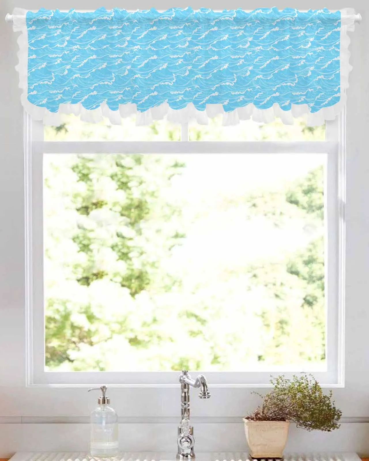 Ocean Abstract Waves Summer Short Tulle Half Curtains for Living Room Kitchen Door Cafe Window Sheer Valance Drapes