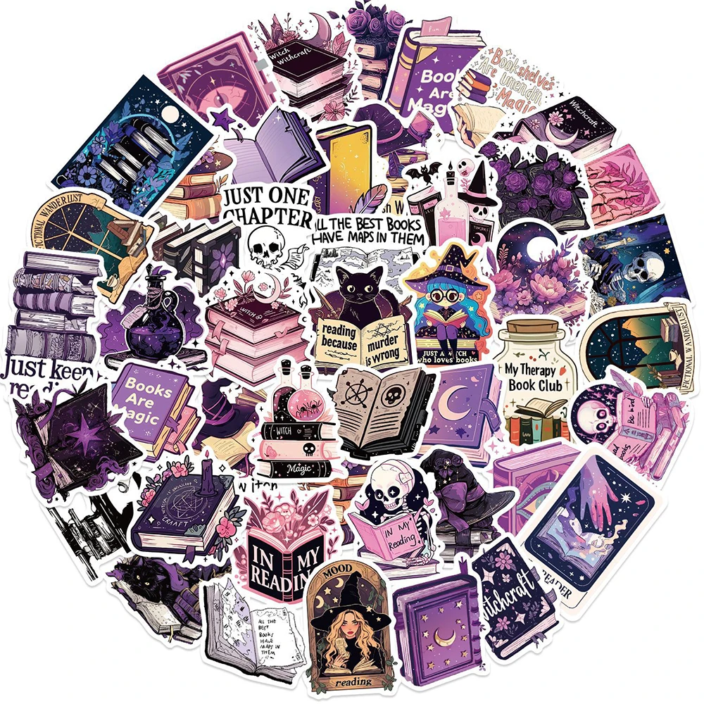 10/30/50/100pcs Cute Purple Witch Bookish Graffiti Stickers Gothic Girl Reading Book Decal Phone Helmet Guitar PVC Sticker Decor